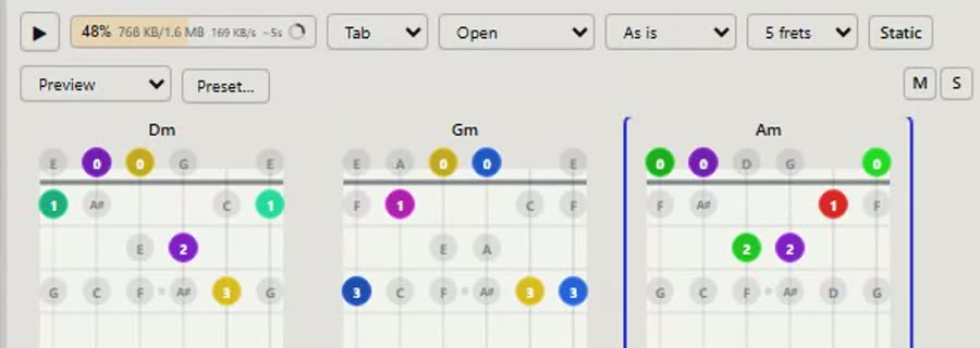 Diagrammes d'accords sur le manche de guitare, générés par l'app.