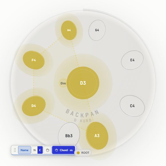 Le handpan de l'app en mode Live : accord de ré mineur illuminé, prêt à jouer.