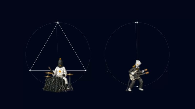 Le visualiseur XronoMorph de l'app : deux cercles de polyrythmie avec le batteur et le guitariste.