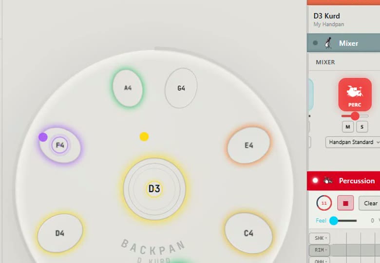 Mode Guitar Hero : des particules convergent vers les pads du prochain accord du handpan.